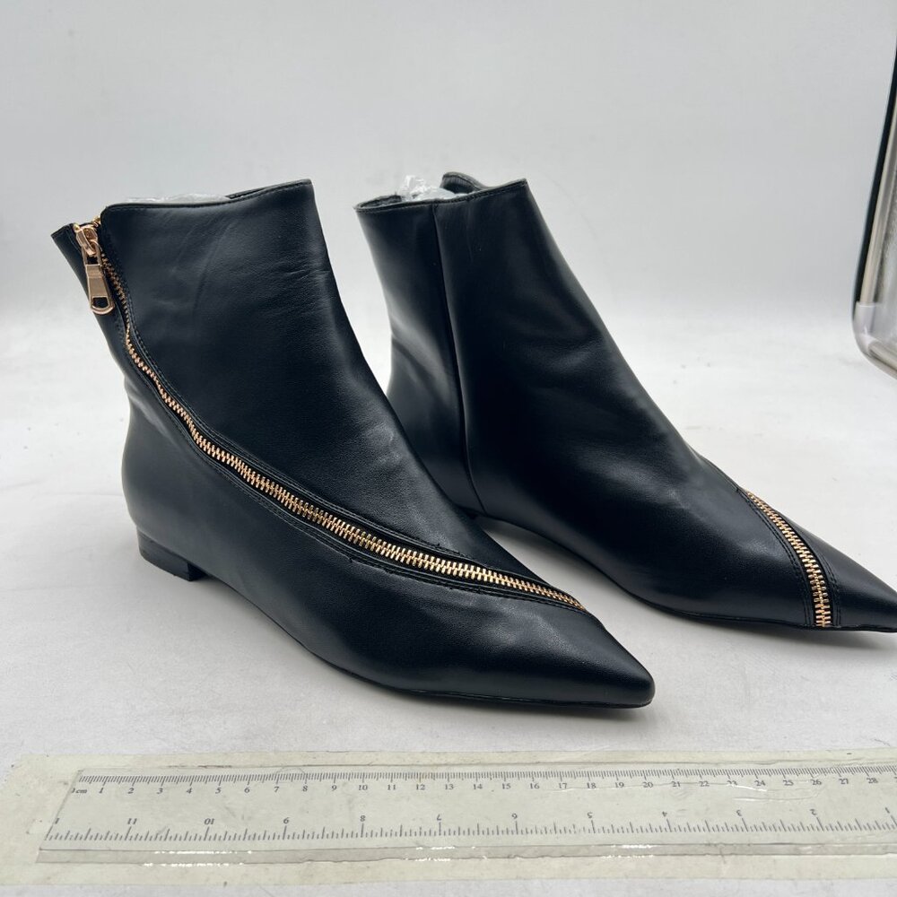 Black Western Ankle Boots Low Heel Pointed Toe Side Zipper Booties Dress Shoes